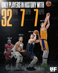 历史至今仅东契奇&amp;乔丹做到过赛季场均32+7+7 其中东契奇3次达成